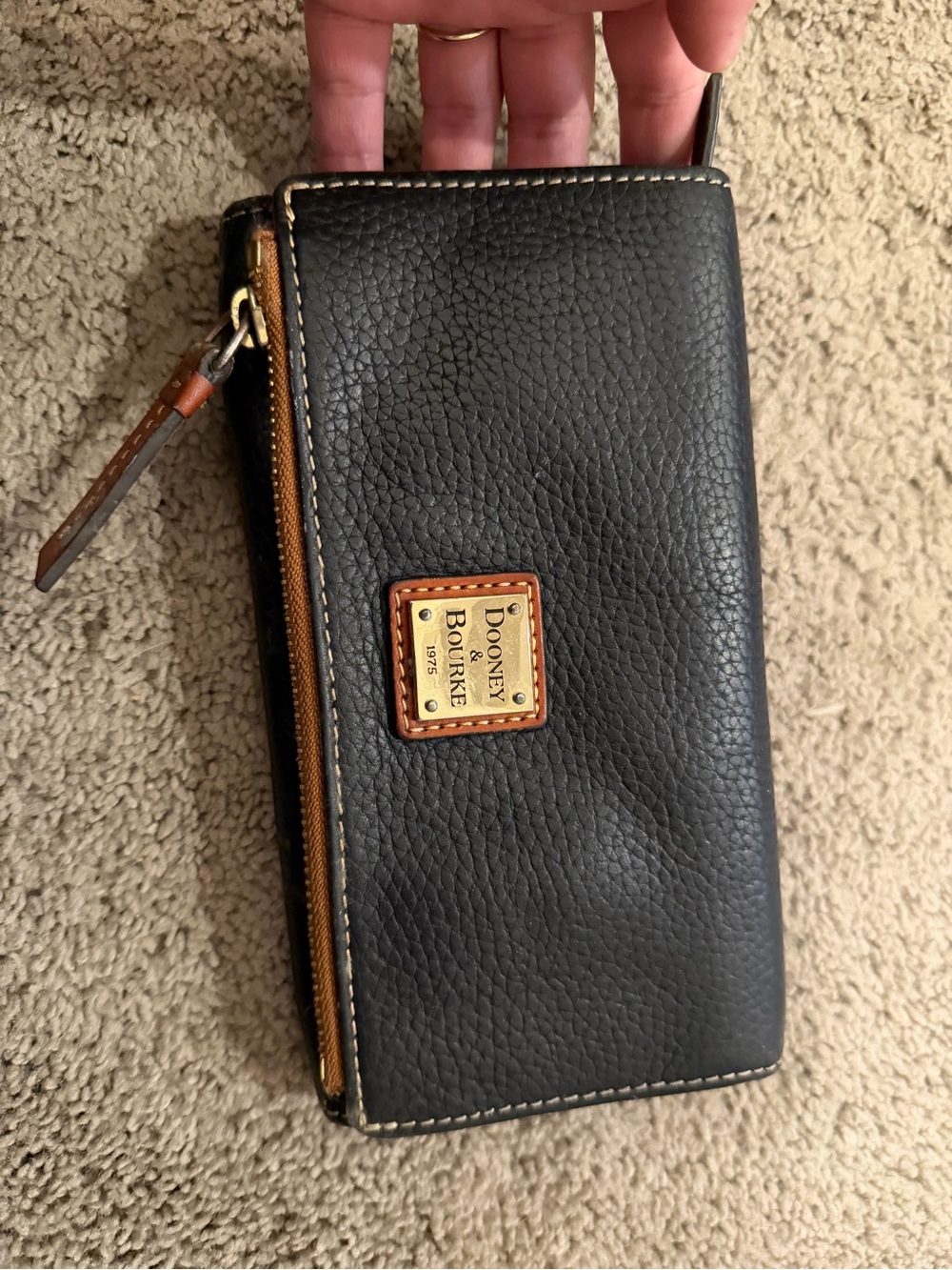 Dooney & Bourke Black Leather Zip Wallet with Tan Accents